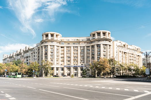 Impressive historic building in Bucharest, showcasing neoclassical architecture.