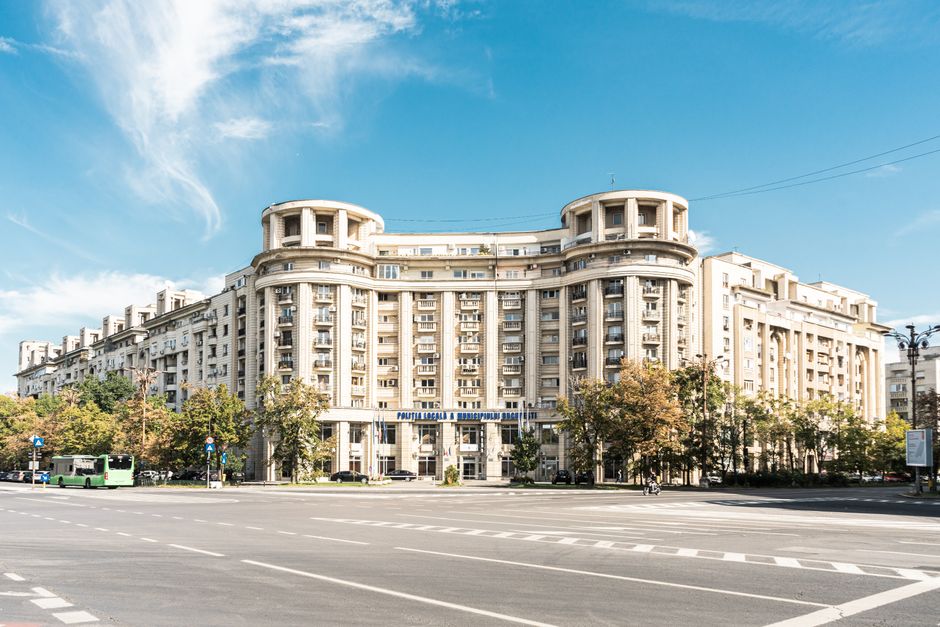 Impressive historic building in Bucharest, showcasing neoclassical architecture.
