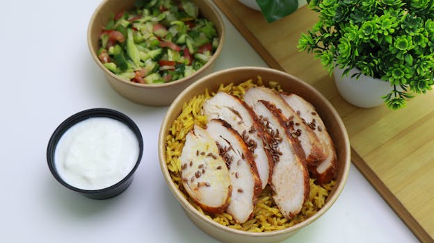 Flavorful chicken mandi served with salad and yogurt, perfect healthy meal.