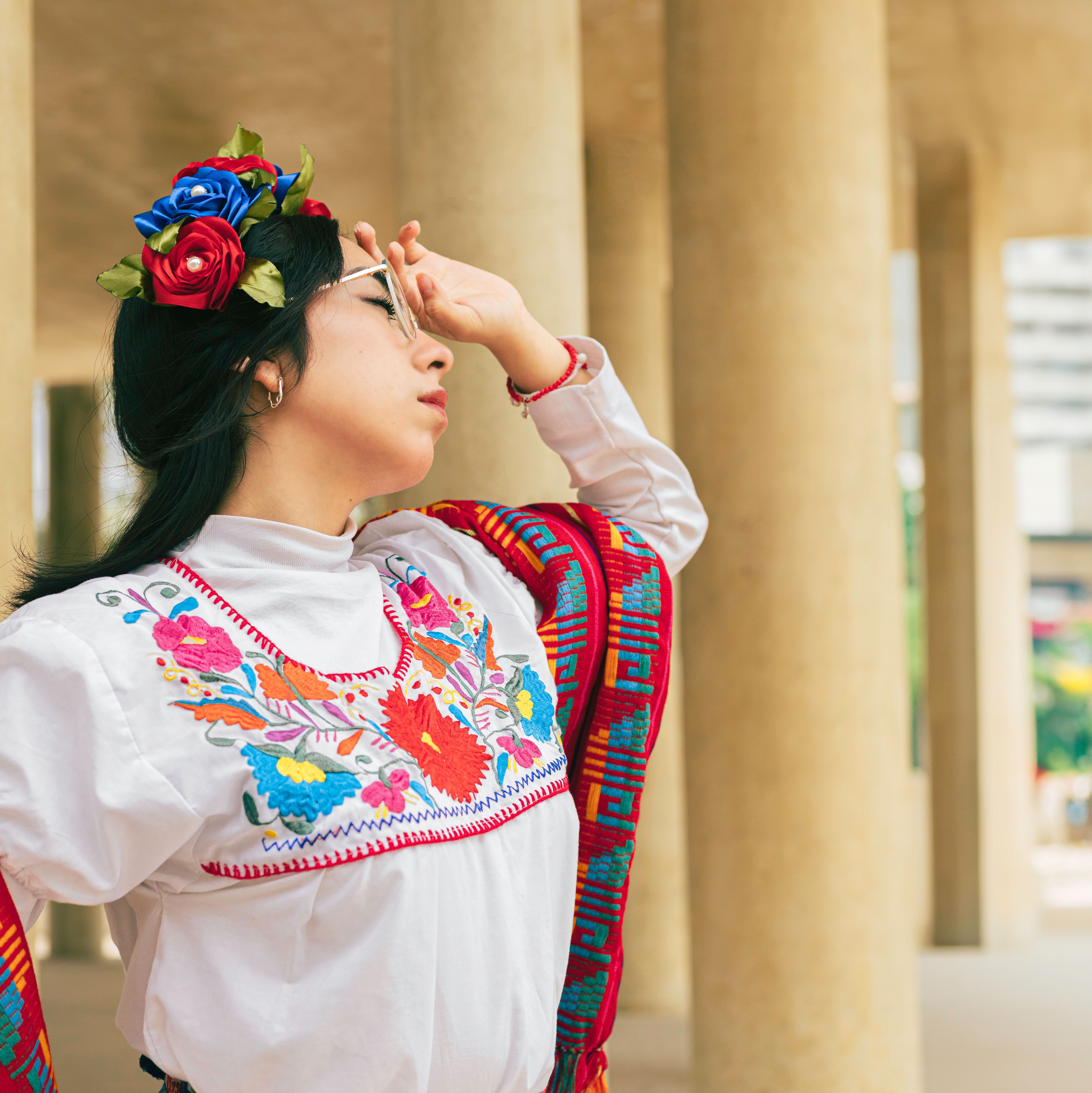 Woman in Traditional Mexican Dress in Architectural Corridor  Free Stock  Photo