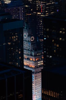 A stunning night view capturing iconic skyscrapers in New York City's skyline.