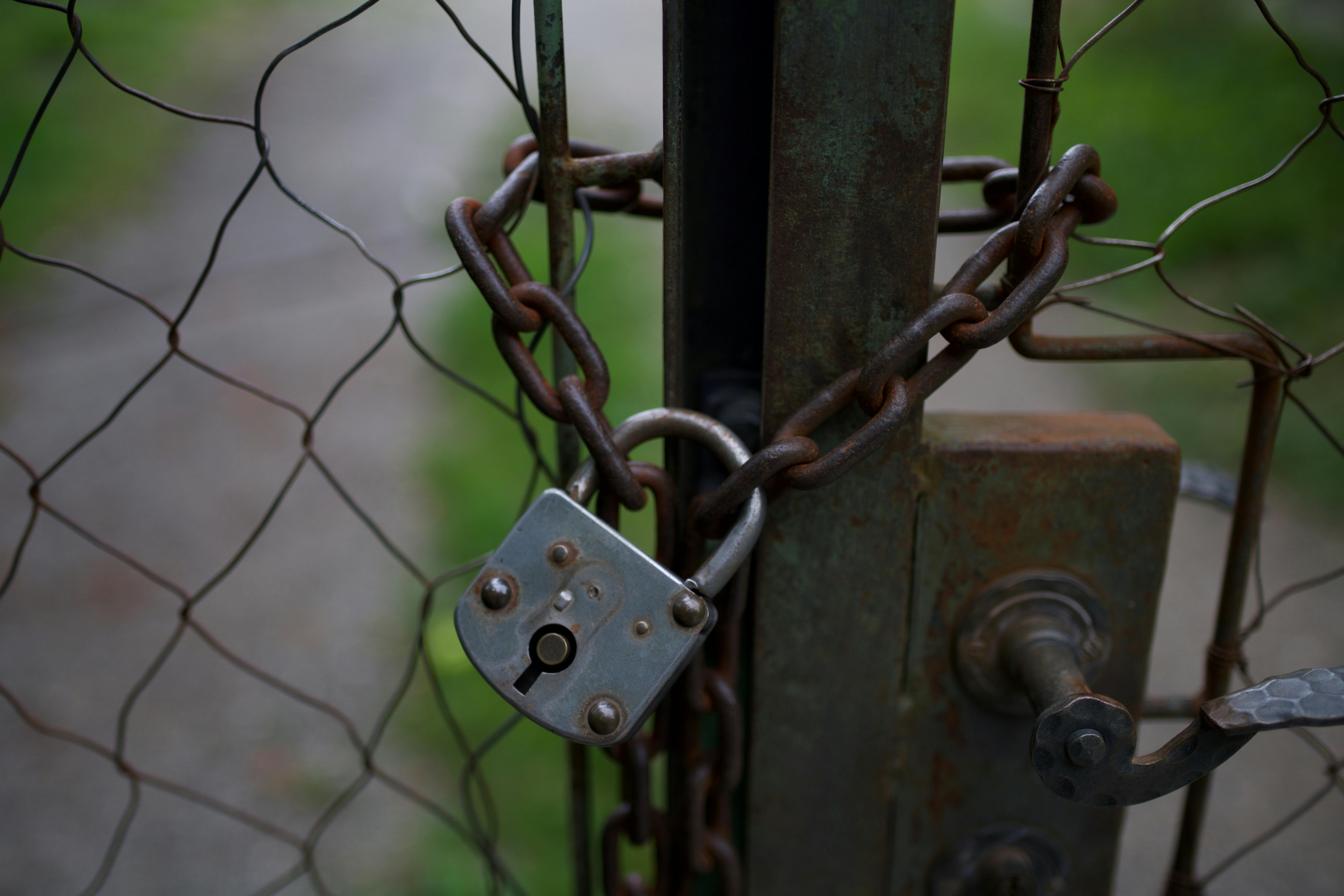 Rusty Padlock Securing Metal Gate Outdoors