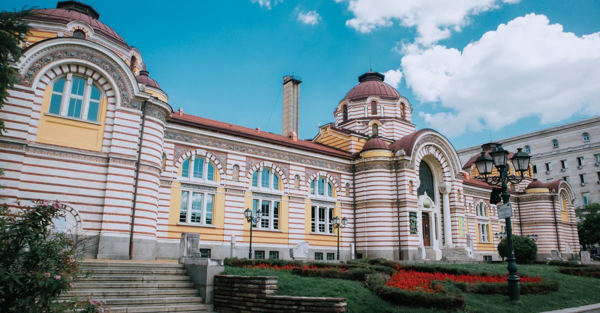 Sofia Central Mineral Baths in its colorful architectural glory under a clear sky.