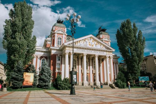 Free Historic Ivan Vazov National Theater in Sofia on a sunny day. Stock Photo