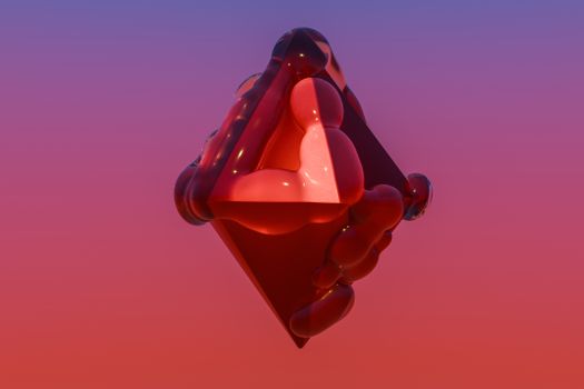 A 3D rendered geometric shape with a surreal and vibrant color gradient background.