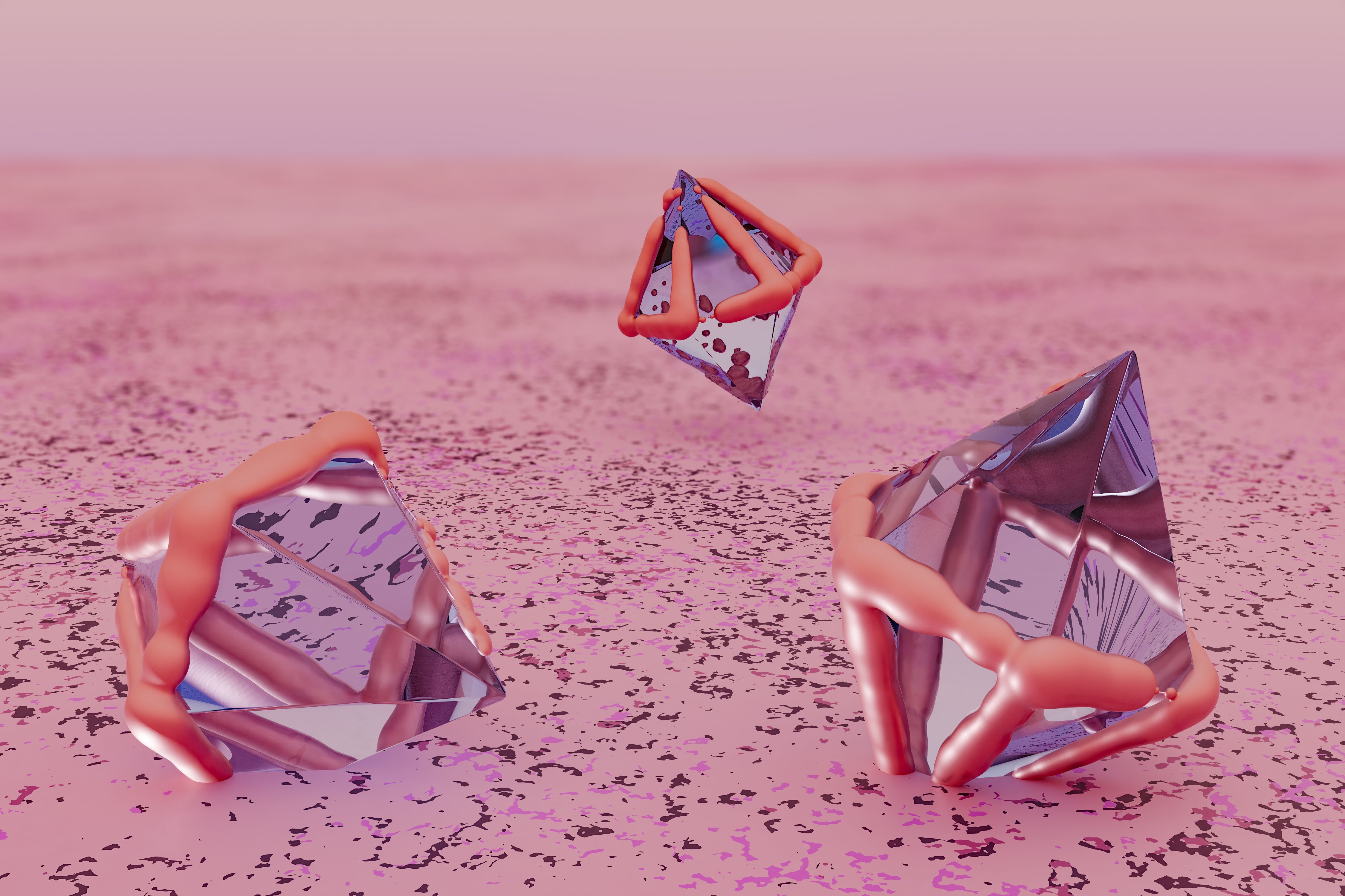 Surreal 3D rendering of abstract crystals on a pink textured surface.