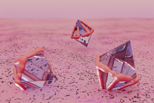 Surreal 3D rendering of abstract crystals on a pink textured surface.