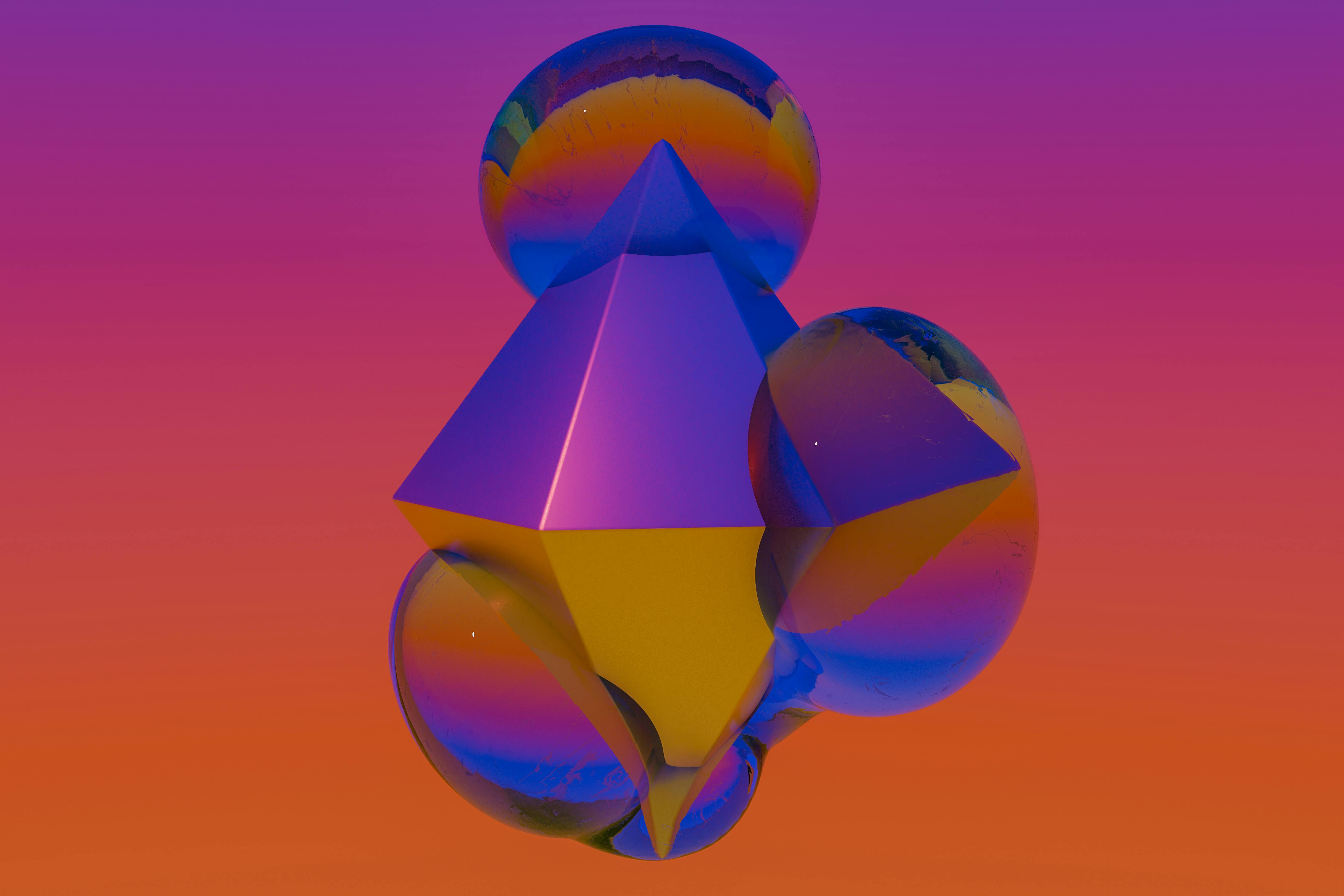 Abstract 3D geometric shapes with a stunning gradient background, creating a vivid surreal visual.
