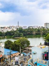 Lakefront greenery and the skyline, Bengaluru