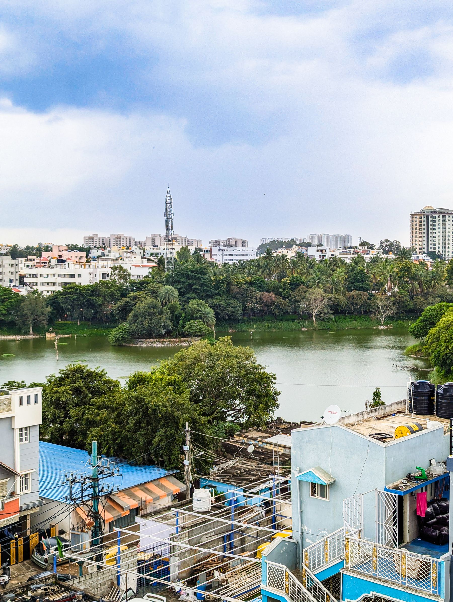 Lakefront greenery and the skyline, Bengaluru