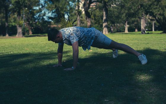 Young man exercising outdoors with push-ups in a scenic park environment.