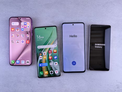 Four modern smartphones showcasing home screens, applications, and startup logos on a sleek surface.