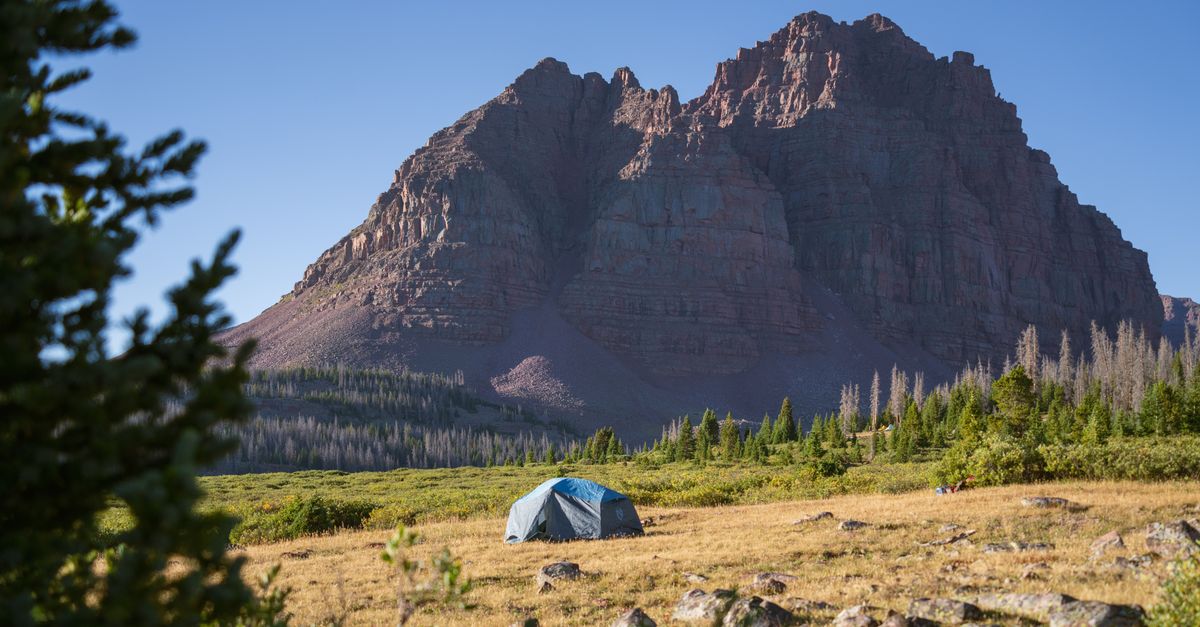 Tranquil campsite in the Uinta Mountains, Utah under a clear blue sky.