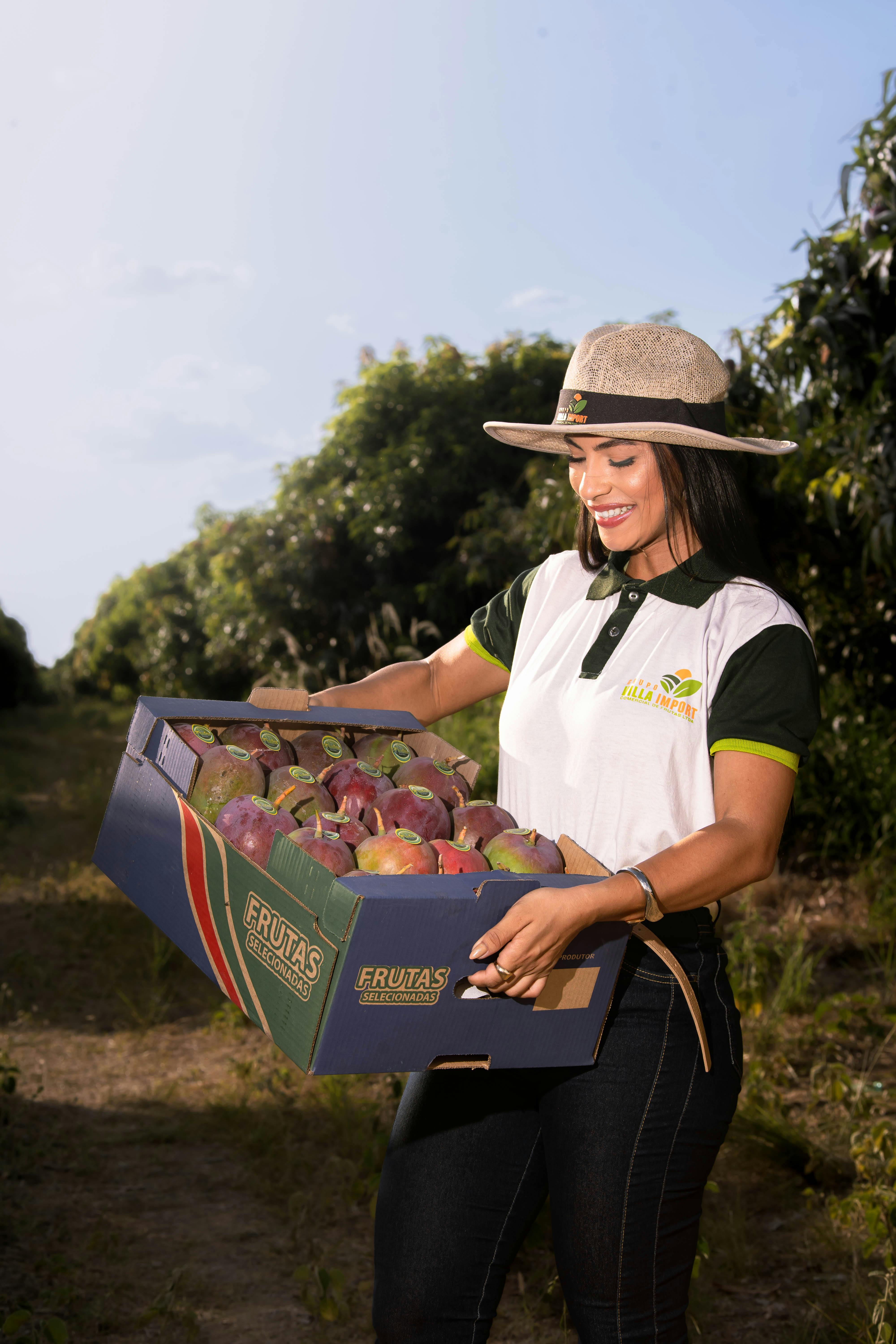 A happy farmer carrying a box of fresh organic mangoes outdoors.