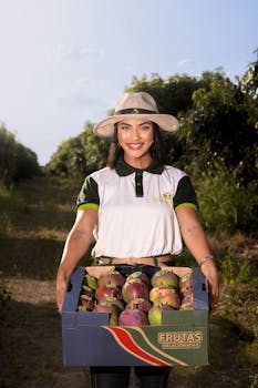 A female farmer joyfully presents a box of freshly picked mangos in a sunny orchard.