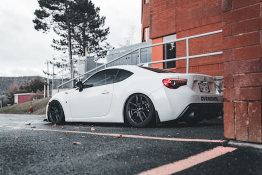 Stylish white sports car parked beside brick wall on an overcast day.