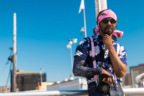 Man in Blue and White Floral Dress T-shirt