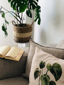 Comfortable living room featuring a monstera plant and open book on a sofa.