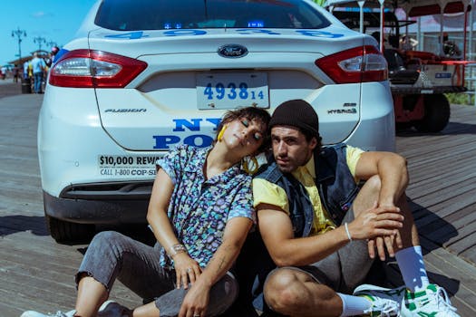 阳光明媚的日子里，一对年轻夫妇在纽约警车旁随意摆姿势，散发着轻松的氛围