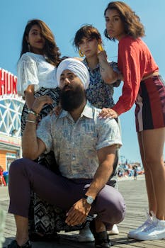 A stylish mixed-gender group posing on a sunny boardwalk, showcasing casual summer fashion.