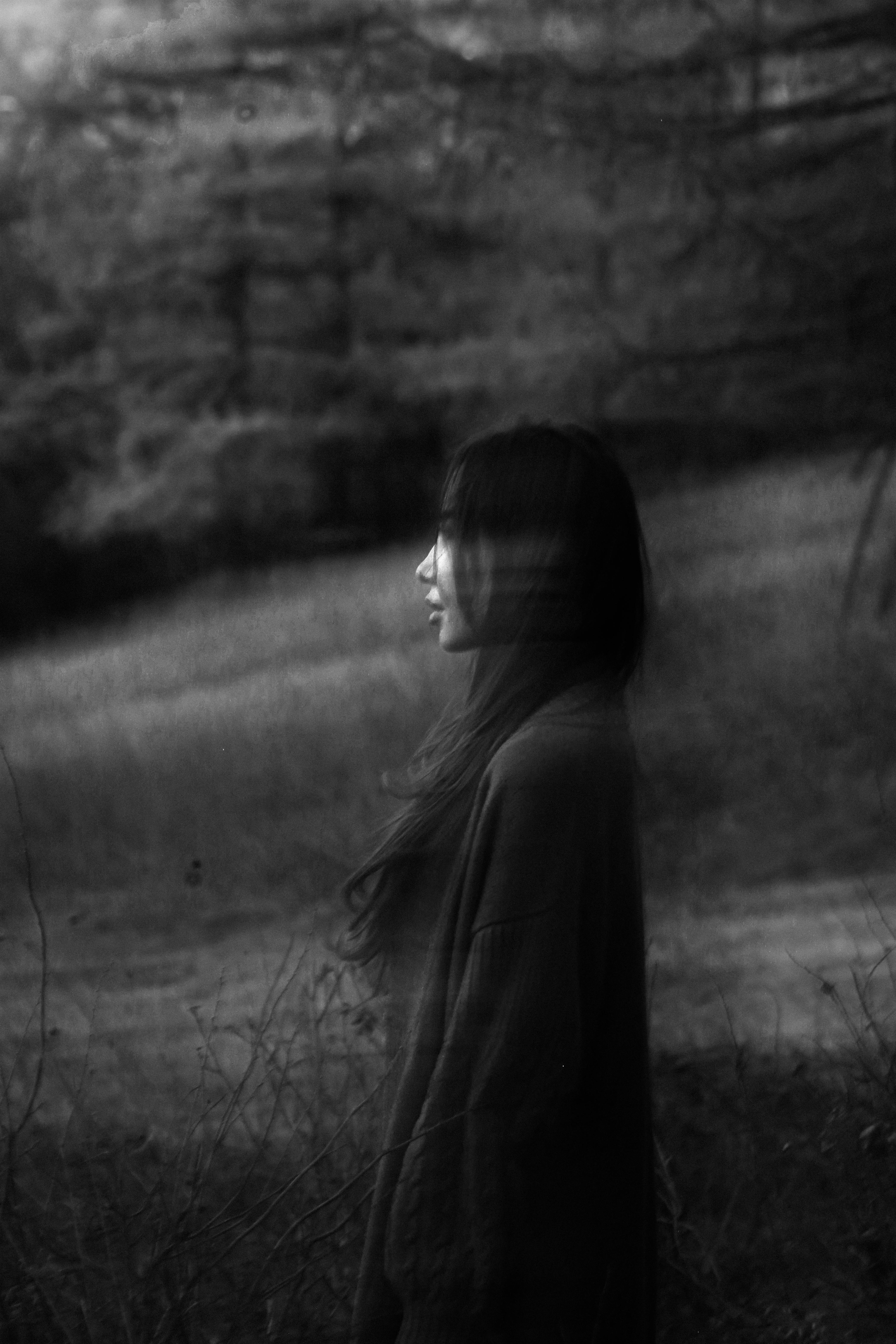 A serene monochrome portrait of a woman in a misty forest captures a dreamy, ethereal mood.