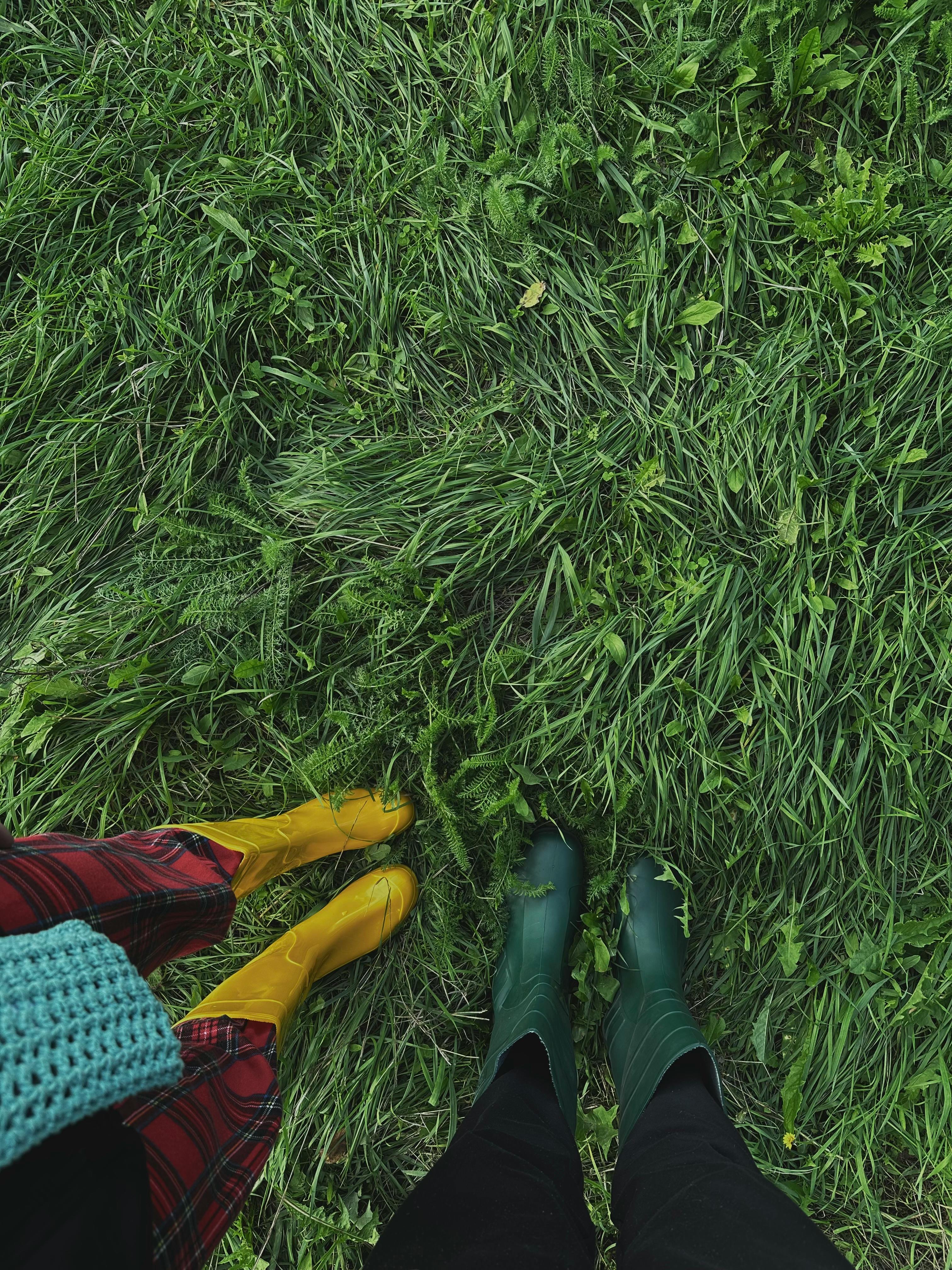 Yellow and green rain boots standing on vibrant green grass, captured from above.