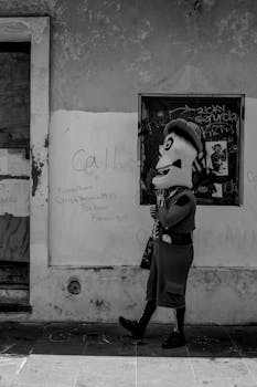 一个穿着戏服的人走过布满涂鸦的黑白街道墙壁