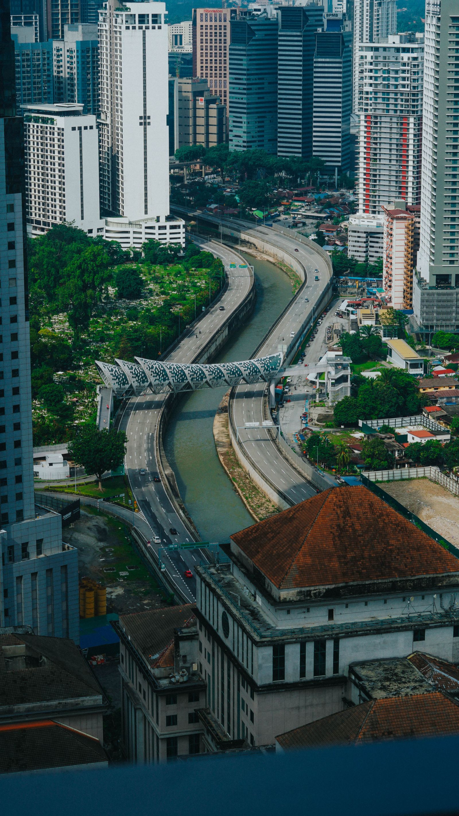 Aerial view of Kuala Lumpur highways and river corridor