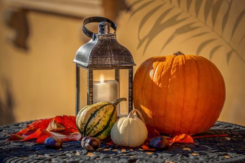 Free Charming autumn still life featuring pumpkin, gourds, lantern, and fall leaves. Stock Photo