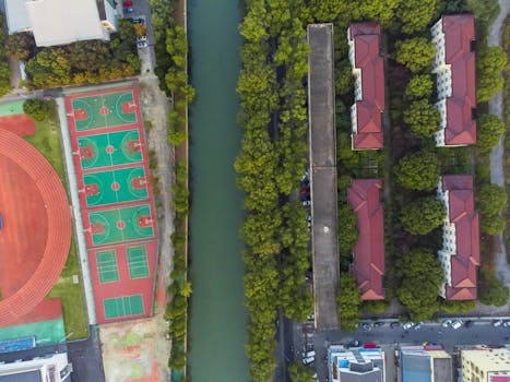Aerial view of sports courts beside a canal in Suzhou, Jiangsu, China.