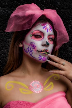 Colorful Day of the Dead themed makeup on a woman, showcasing artistic face paint and accessories.