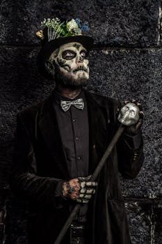 Man in skeletal face paint and top hat holding a skull-topped cane in a dark, moody setting.