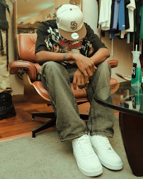 A young adult in casual attire seated in a modern living room, conveying a relaxed vibe.