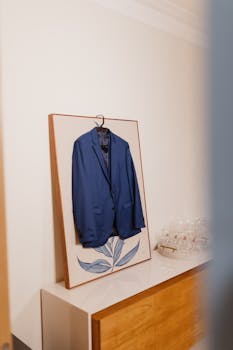 A stylish blue suit jacket elegantly hung on artwork over a wooden cabinet indoors.