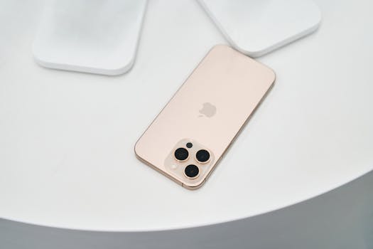 Golden smartphone with triple camera on a clean white surface. Modern design.