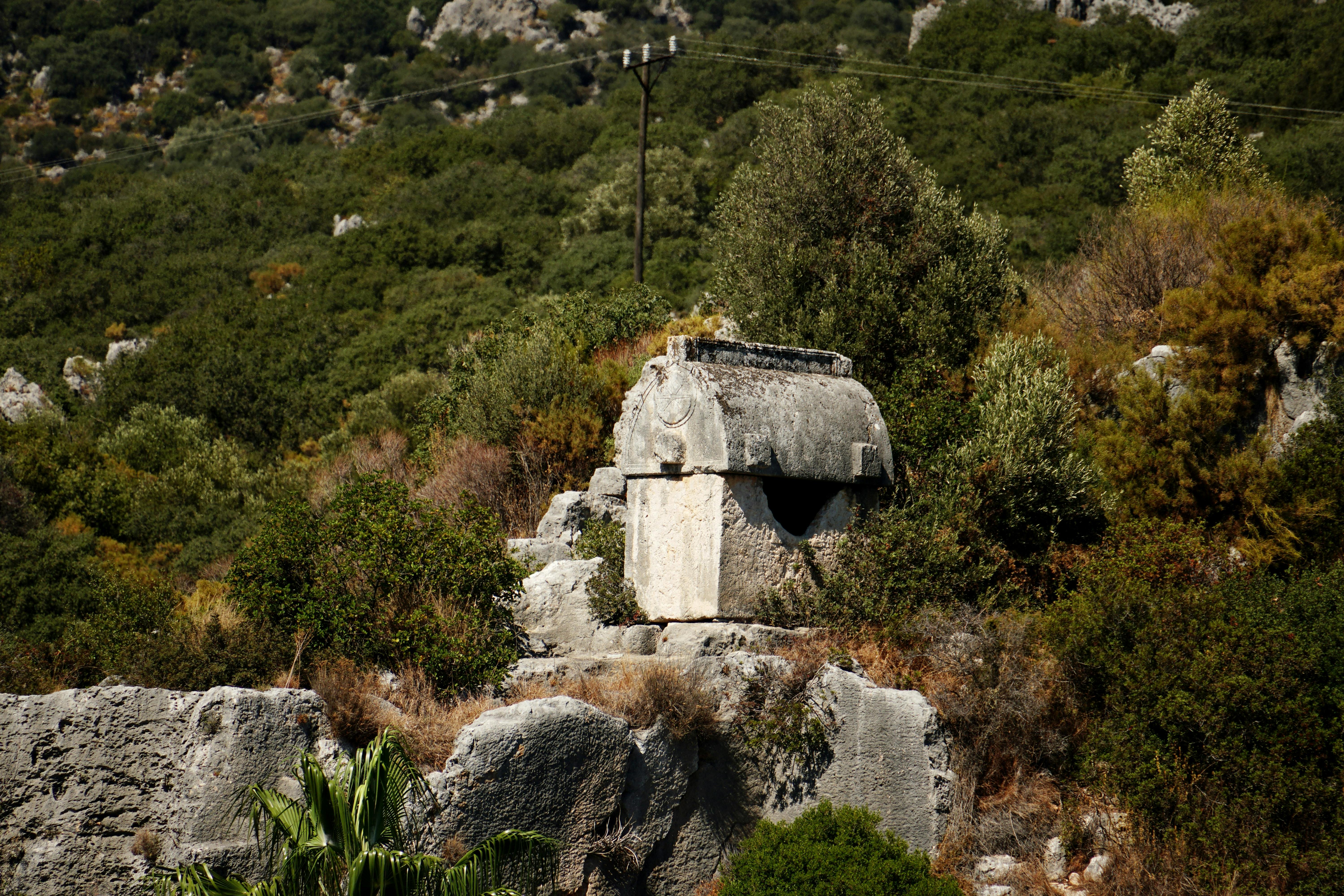 ancient stone tomb amidst verdant hillside