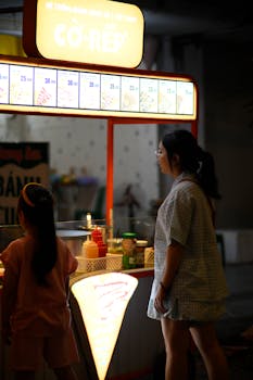 Two people at a Vietnamese street food stall in the evening, focused on ordering.