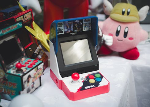 A collection of vintage arcade consoles and toys set in Tunis, Tunisia, evoking nostalgia.