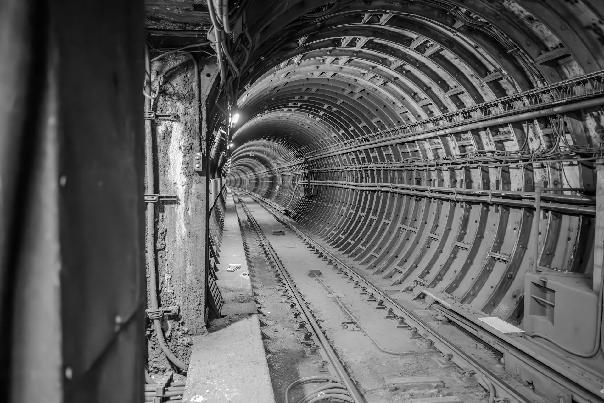 Moody black and white image of an empty underground tunnel with tracks.