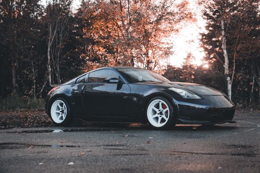 A sleek sports car parked in a scenic autumn forest, highlighting modern automotive design.