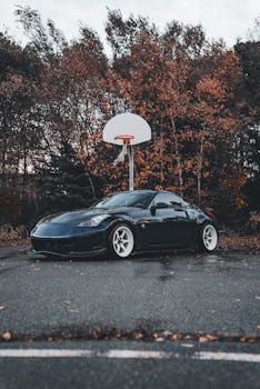 A stylish black sports car parked beneath a basketball hoop with vibrant autumn foliage.