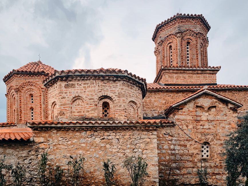 Explore the ancient architectural beauty of a historic monastery in Ohrid, North Macedonia.