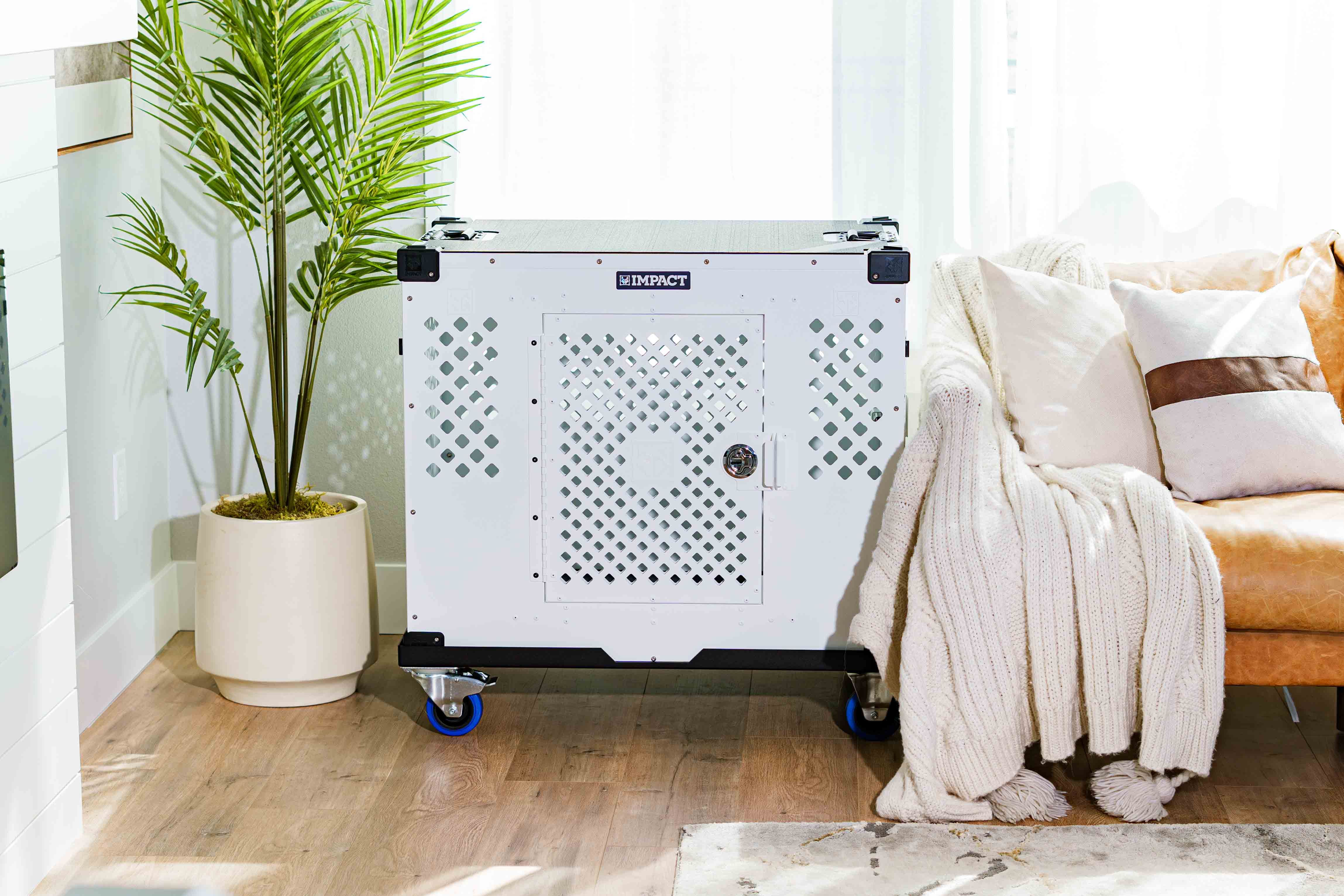 View of Modern Living Room with Dog Crate and Cozy Decor · Free Stock Photo