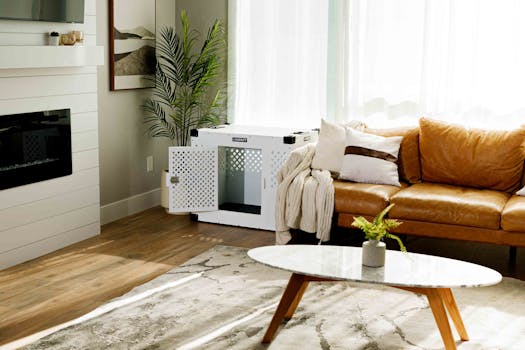 Modern living room featuring a dog crate, brown leather couch, and natural light.