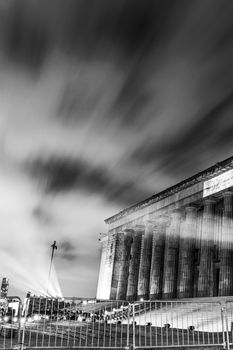 Black and white long exposure of Buenos Aires National Library at night.