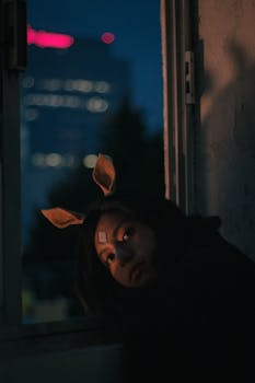 A woman's face dimly lit by streetlight through a window, wearing playful costume ears.