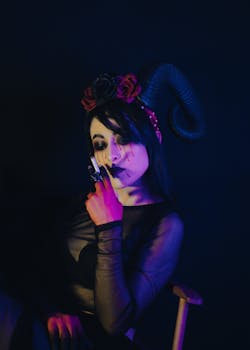 Gothic portrait of a woman in a Halloween costume with dark makeup, horns, and roses.