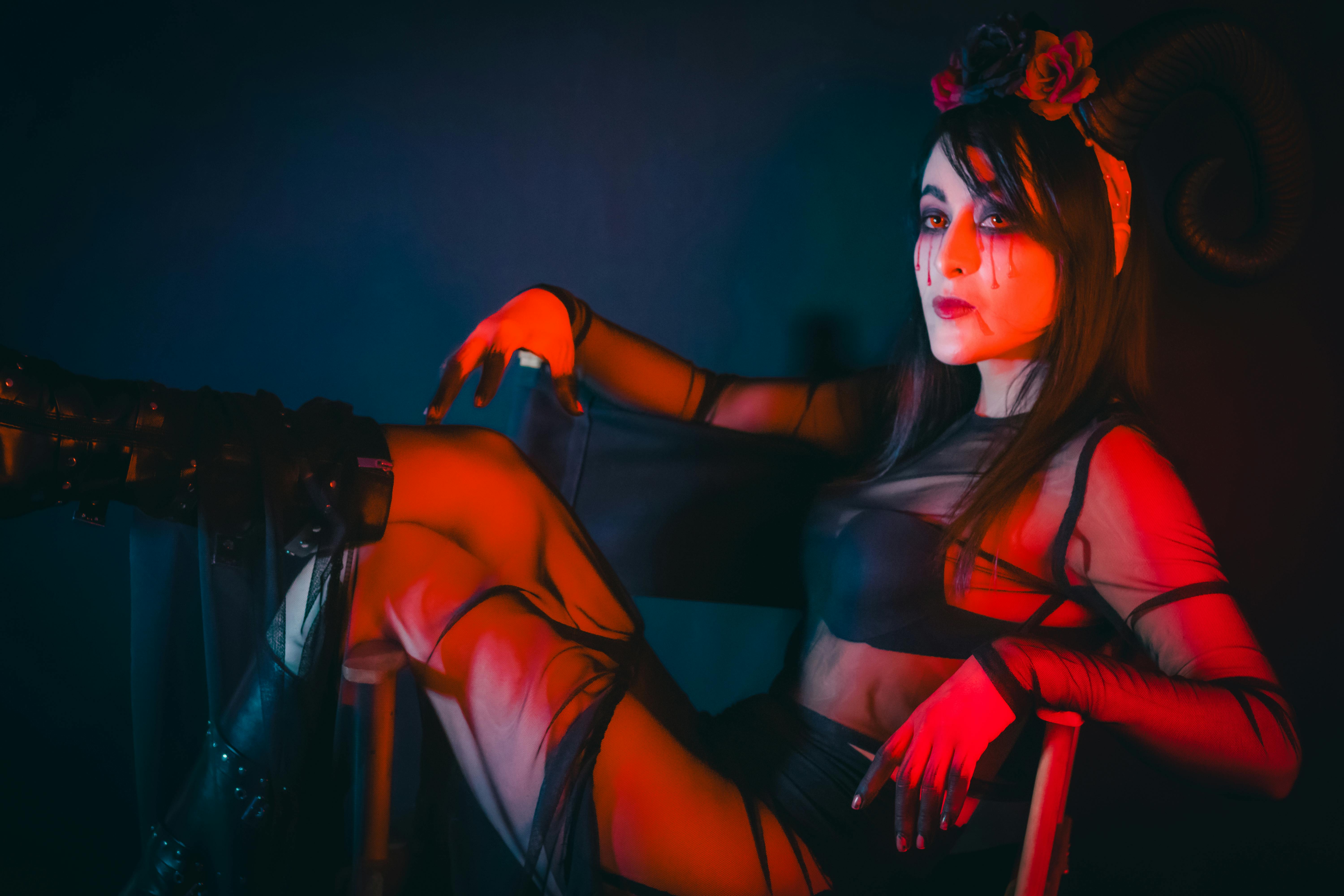 Gothic Woman in Halloween Costume with Horns