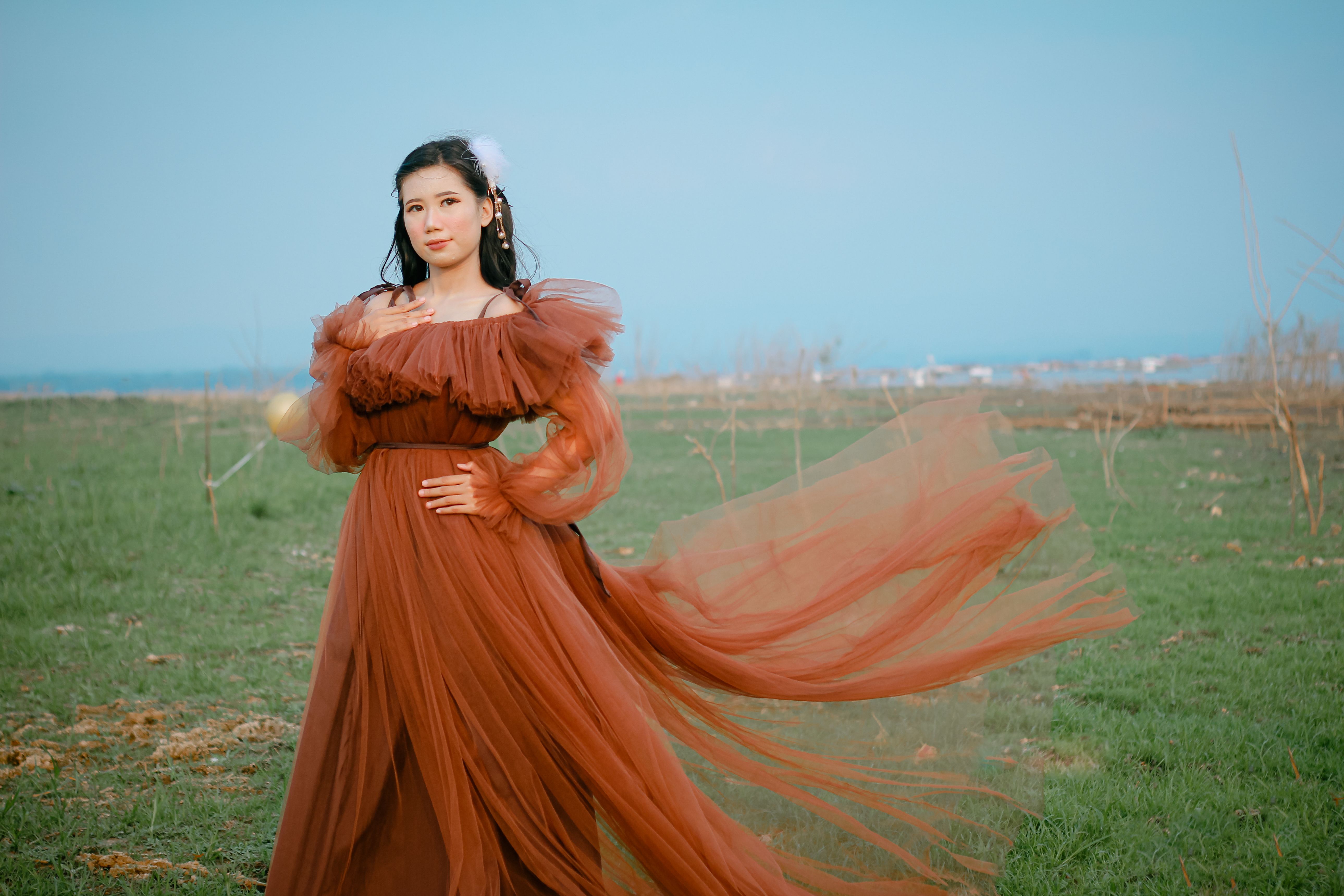 Elegant Woman in Flowing Dress in Open Field  Free Stock Photo