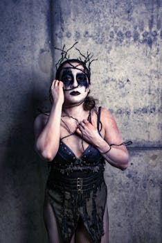A striking portrait of a woman in gothic costume and dramatic makeup against a concrete wall.